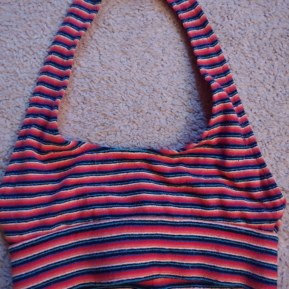 Frankie's Bikinis Red and Blue Striped Halter Bikini Top